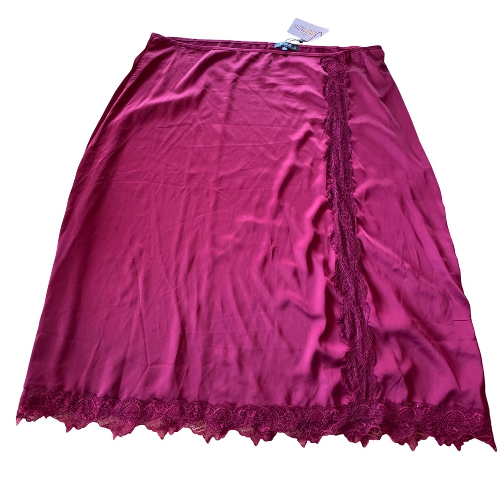 Missguided Lace Trim Satin Slip Skirt Women Size 22 Burgundy Midi Flowy Coquette